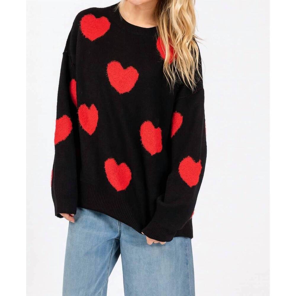 NEW SEWN AND SEEN oversized valentine side slit heart sweater in black/red